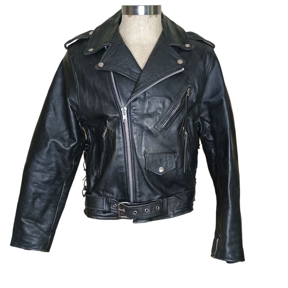Vintage Manzoor Genuine Cross Zip Leather Motorcycle Biker Jacket Moto Size 48